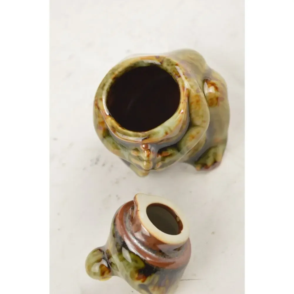Frog Ceramic Tea Condiment Set x4 Lidded Bowl Sugar Creamer Green Glazed Pottery